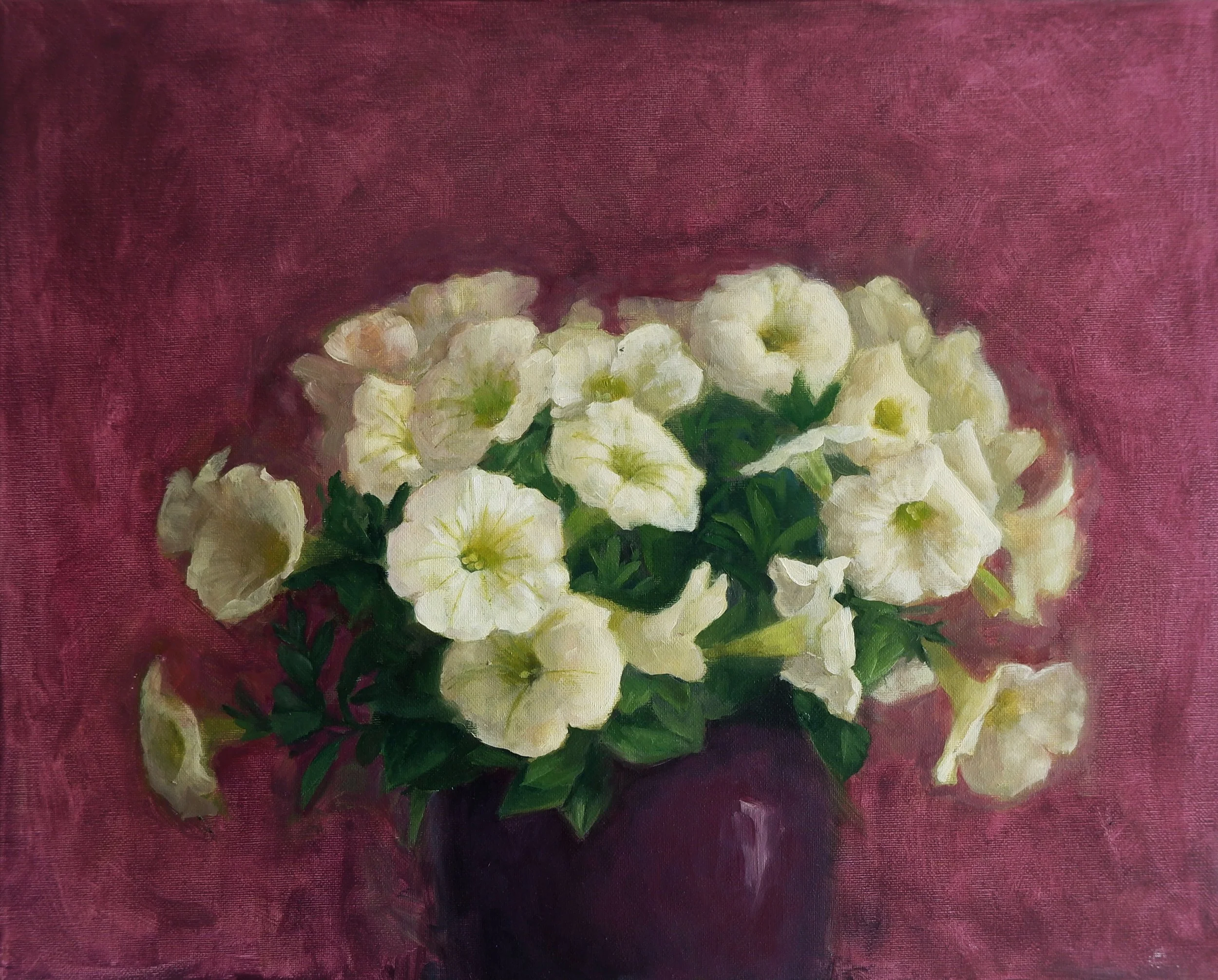 A painting of white flowers with green leaves on a burgundy background.