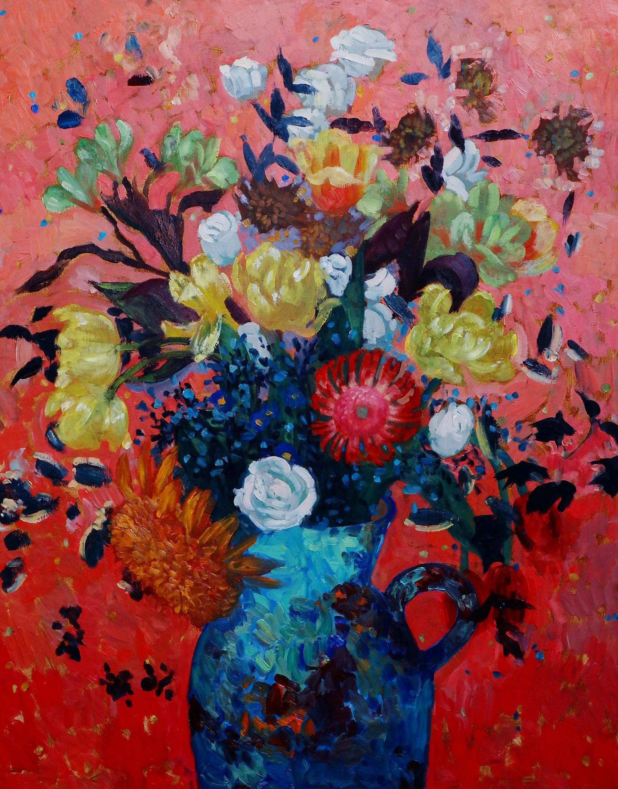 A colorful impressionist-style painting of a bouquet of flowers in a vase. The background is coral pink, with various flowers painted in shades of yellow, white, red, and purple. The foliage includes green and dark leaves, with splashes of blue and b