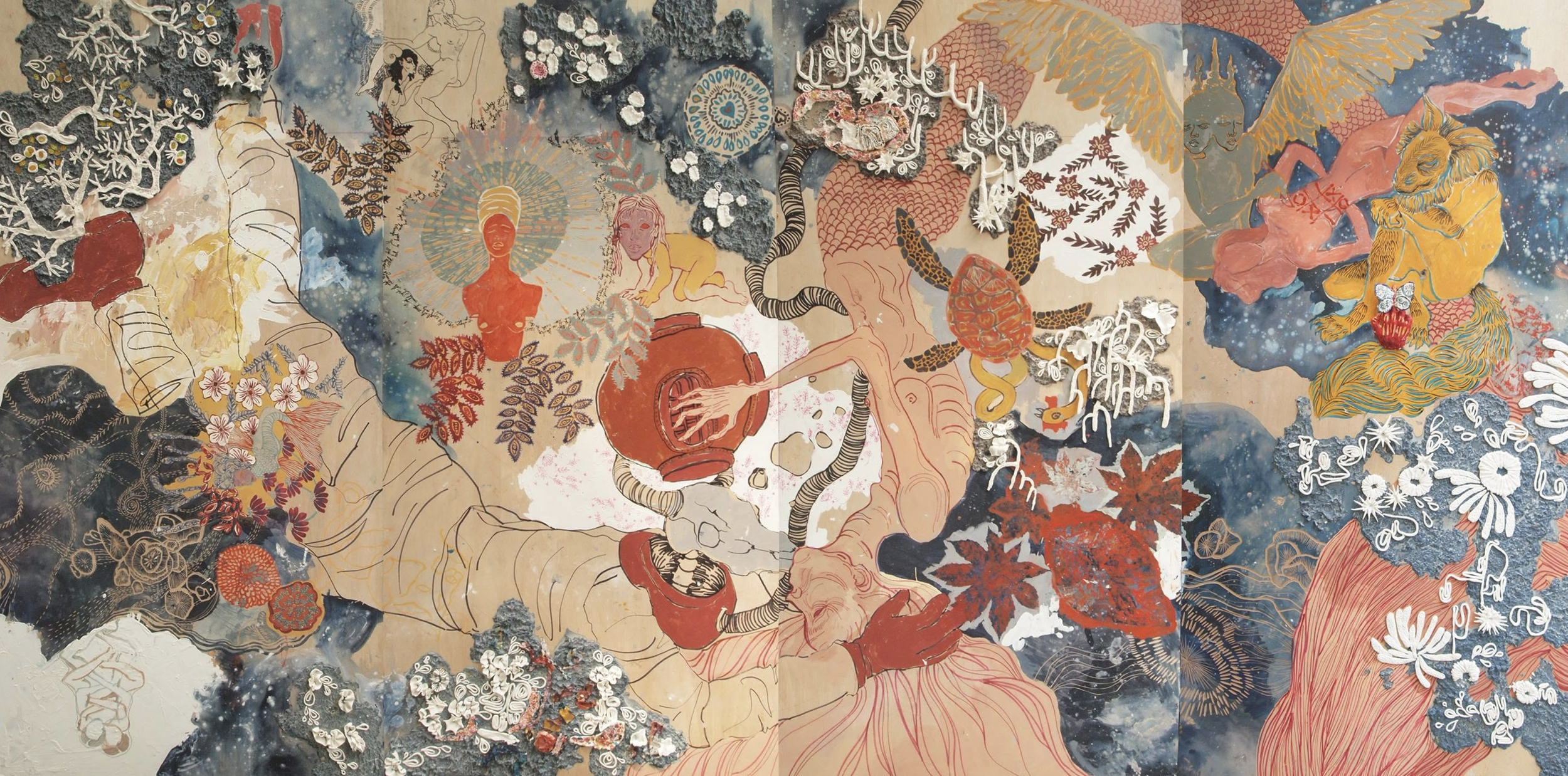 A colorful abstract mixed media artwork featuring various mythical and fantastical figures, animals, and floral patterns with a cosmic background, incorporating elements of collage and drawing.