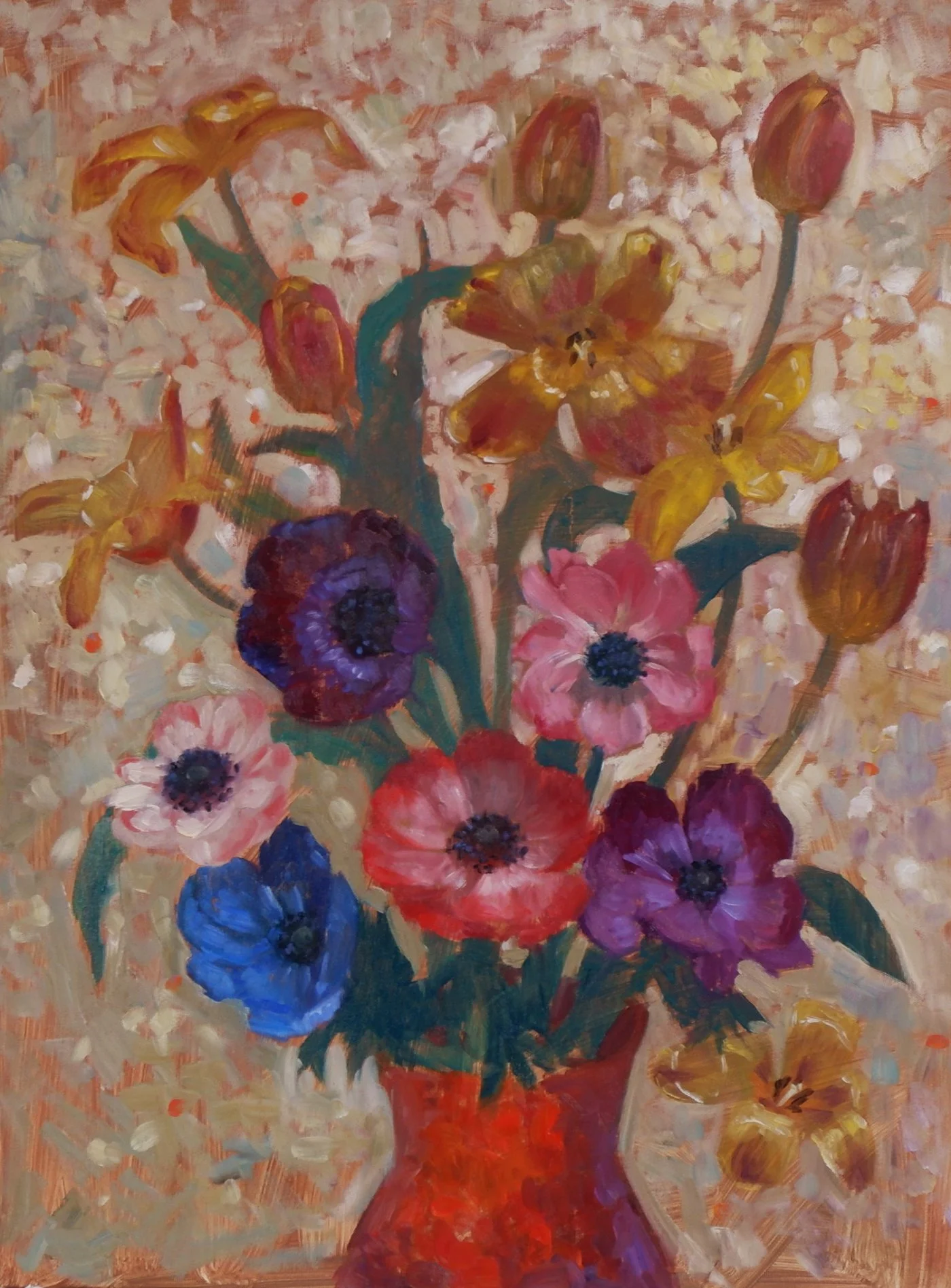 A vibrant, abstract painting of a bouquet of flowers in a vase. The flowers are in shades of pink, purple, red, yellow, and blue, with green stems and leaves. The background is a mix of warm beige, peach, and light gray tones, with visible brushstrok