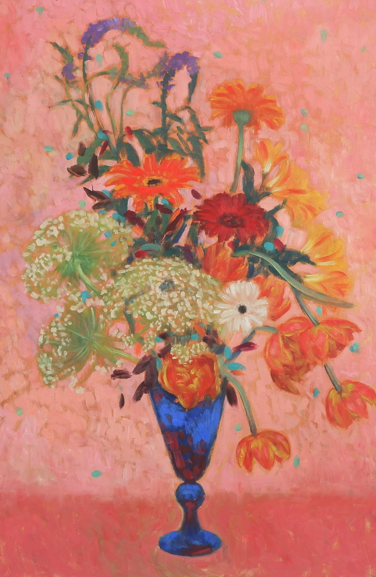 A vibrant, colorful impressionist painting of a bouquet of flowers in a blue vase on a pink background, with various shades of orange, red, white, and green.