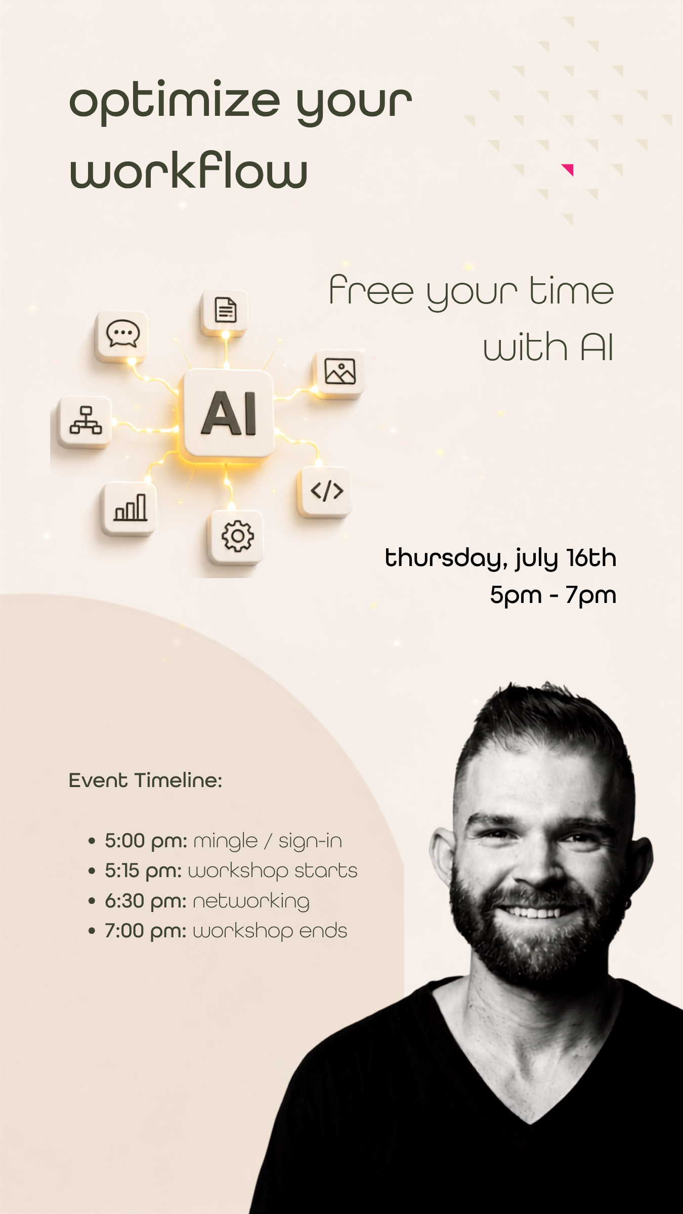 free your time with ai workshop flyer for an event in downtown boca raton at the flamingo house