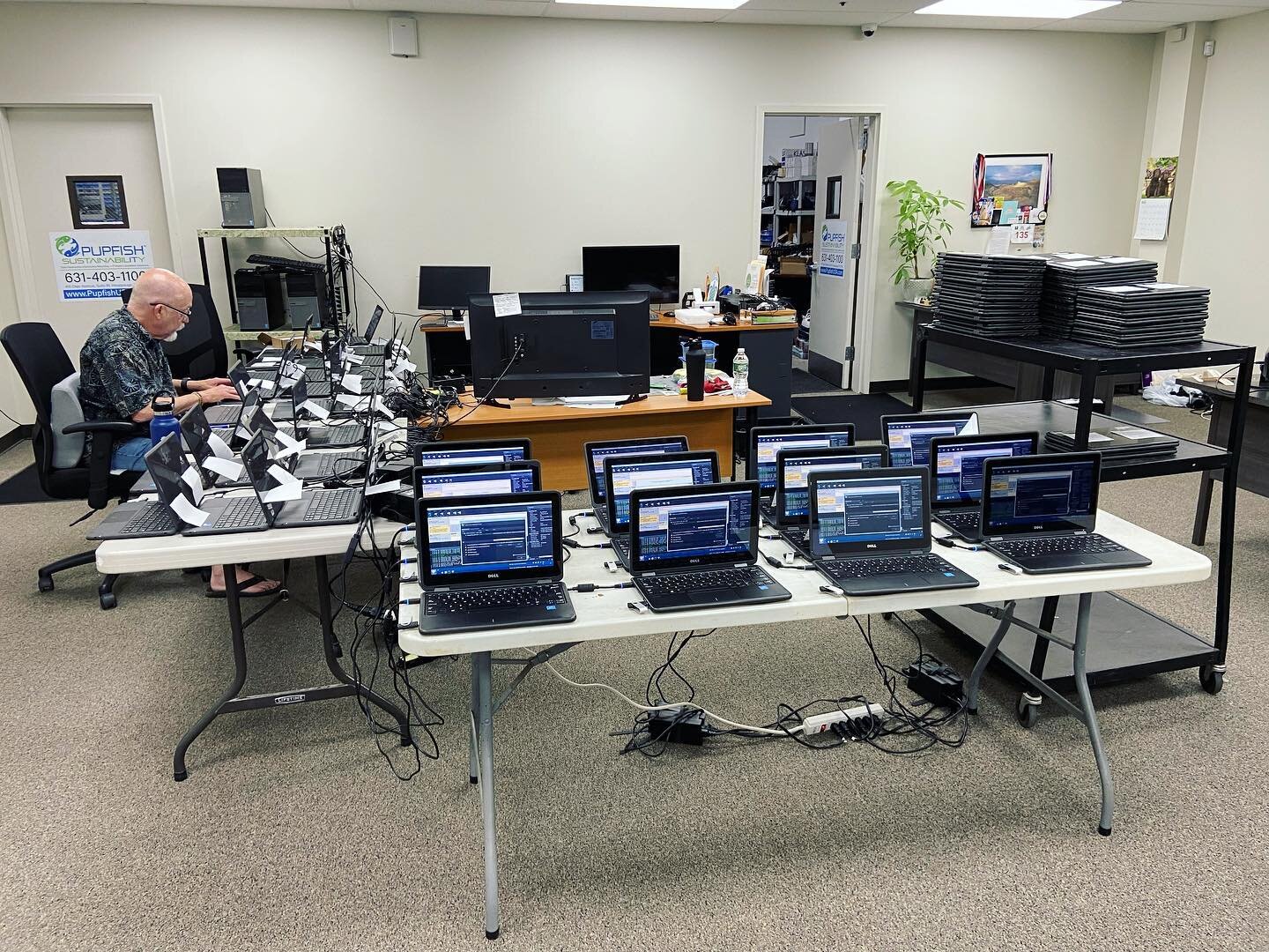 These laptops are lined up and getting ready for a NEW LIFE! Repurposing electronics (adapting them for new or different use) is the most environmentally friendly way to deal with slightly outdated or unwanted devices. Our data access team ensures th