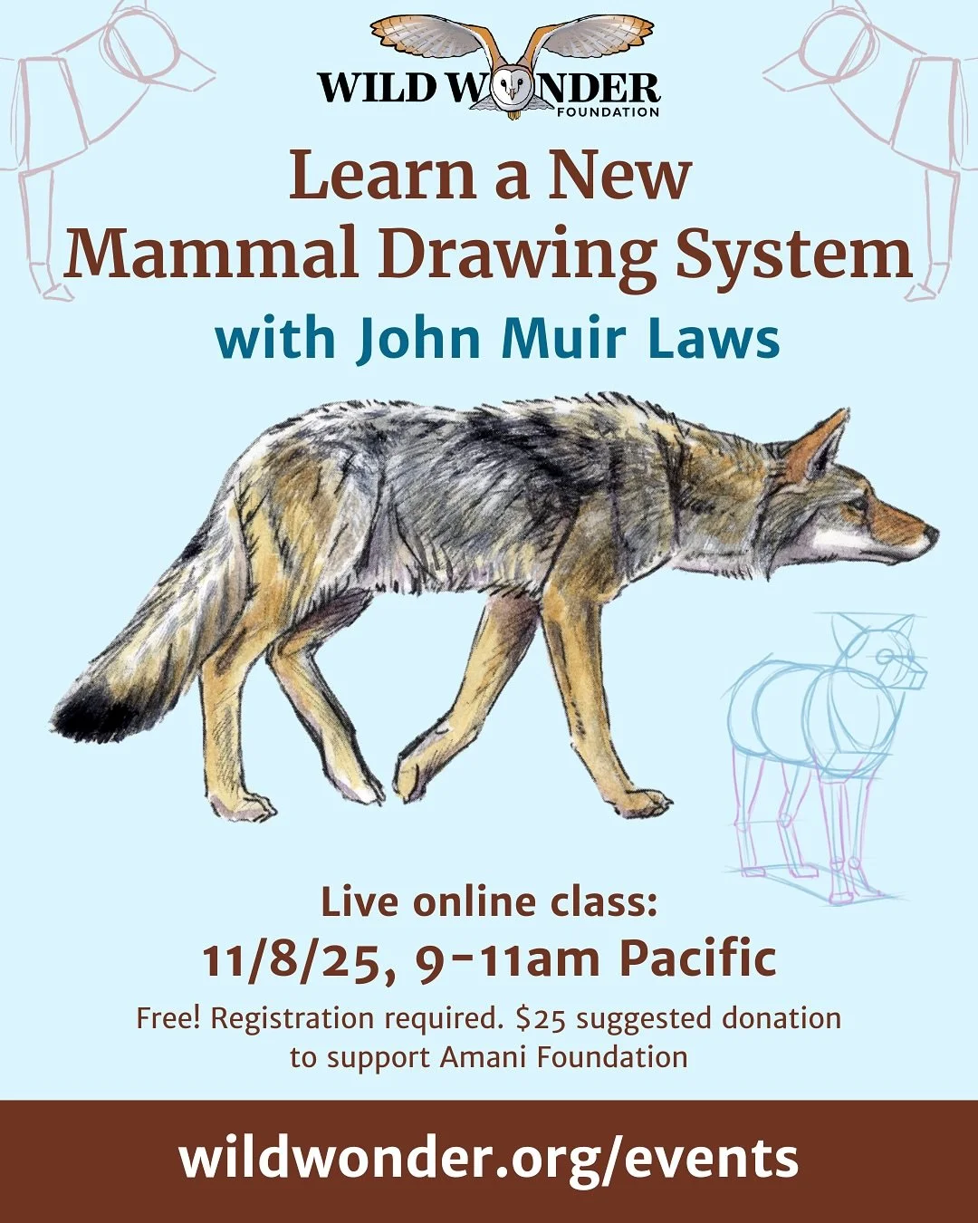 Learn a New Mammal Drawing System with John Muir Laws @johnmuirlaws Sat., 11/8/25, 9-11am Pacific* 
Free! Registration required. Suggested donation of $25 or more in support of Amani Foundation
For more than 40 years, award-winning artist, educator,
