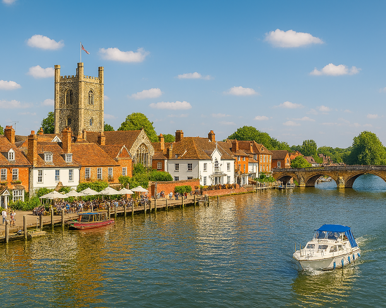 A riverside village with a historic tower, red-brick and white houses, outdoor dining with umbrellas, a bridge, and a boat on calm water under a blue sky with scattered clouds.