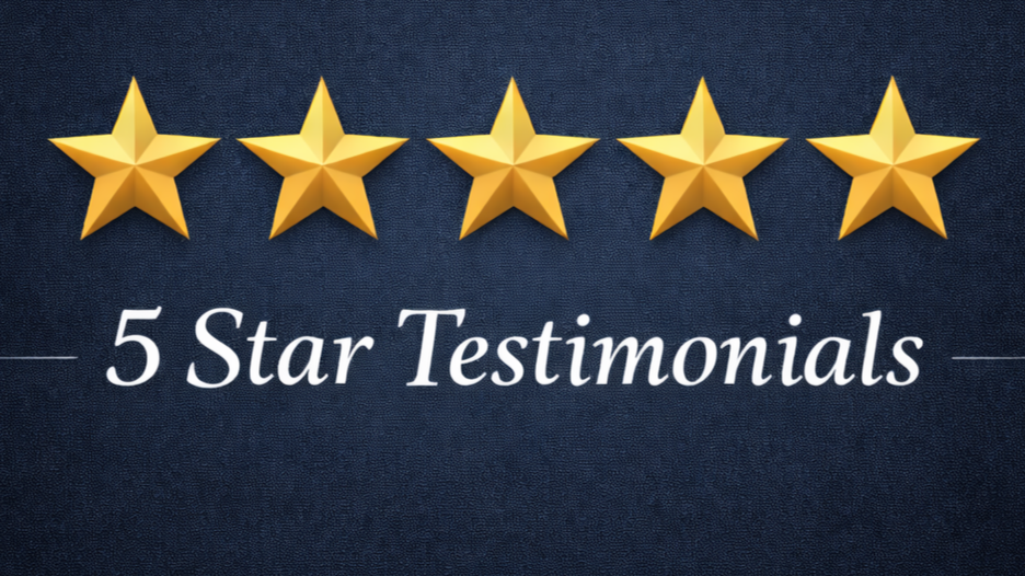 Five gold stars over the text '5 Star Testimonials' on a dark blue background.