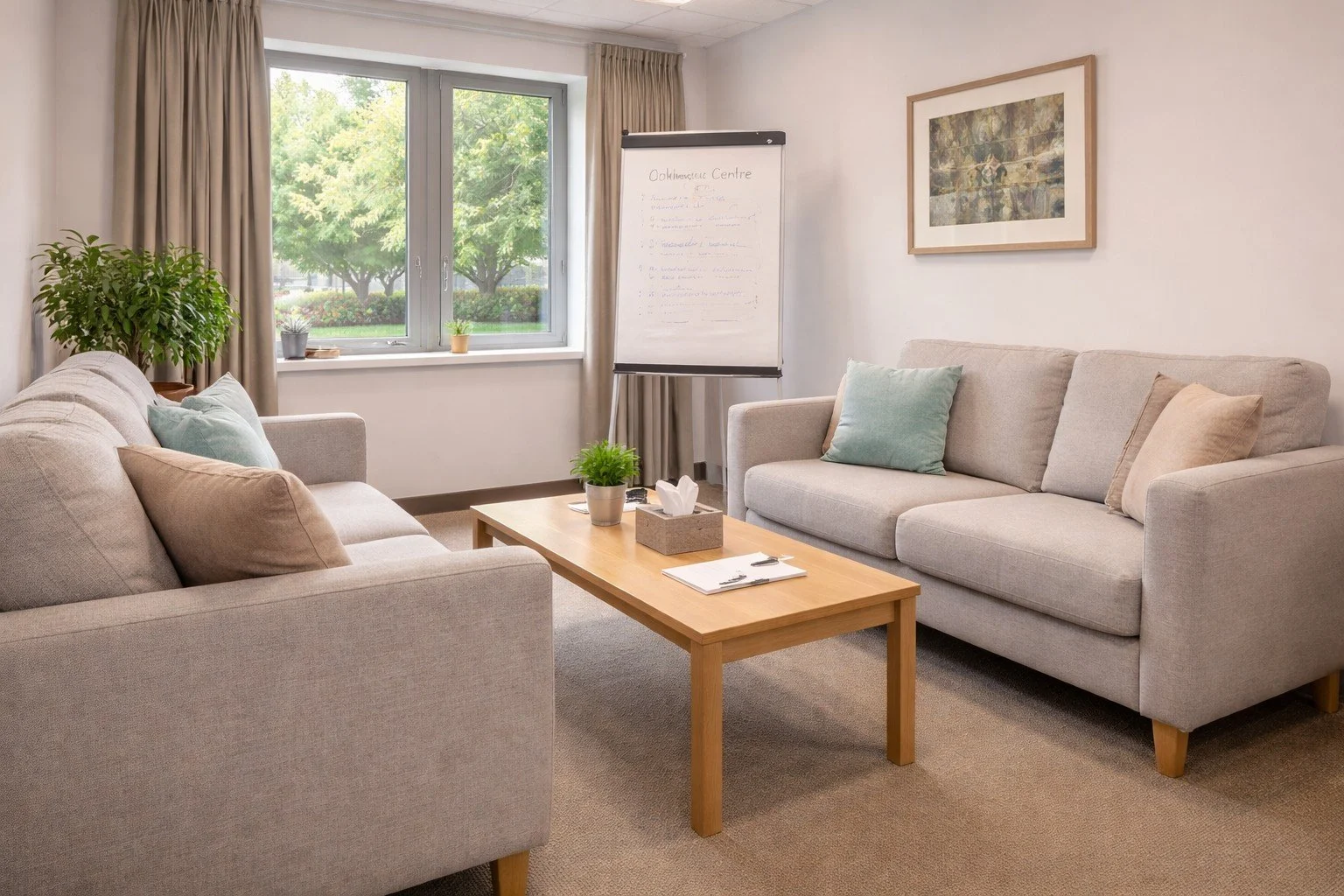 Comfortable family mediation meeting room in Reading with sofa, coffee table and calming decor