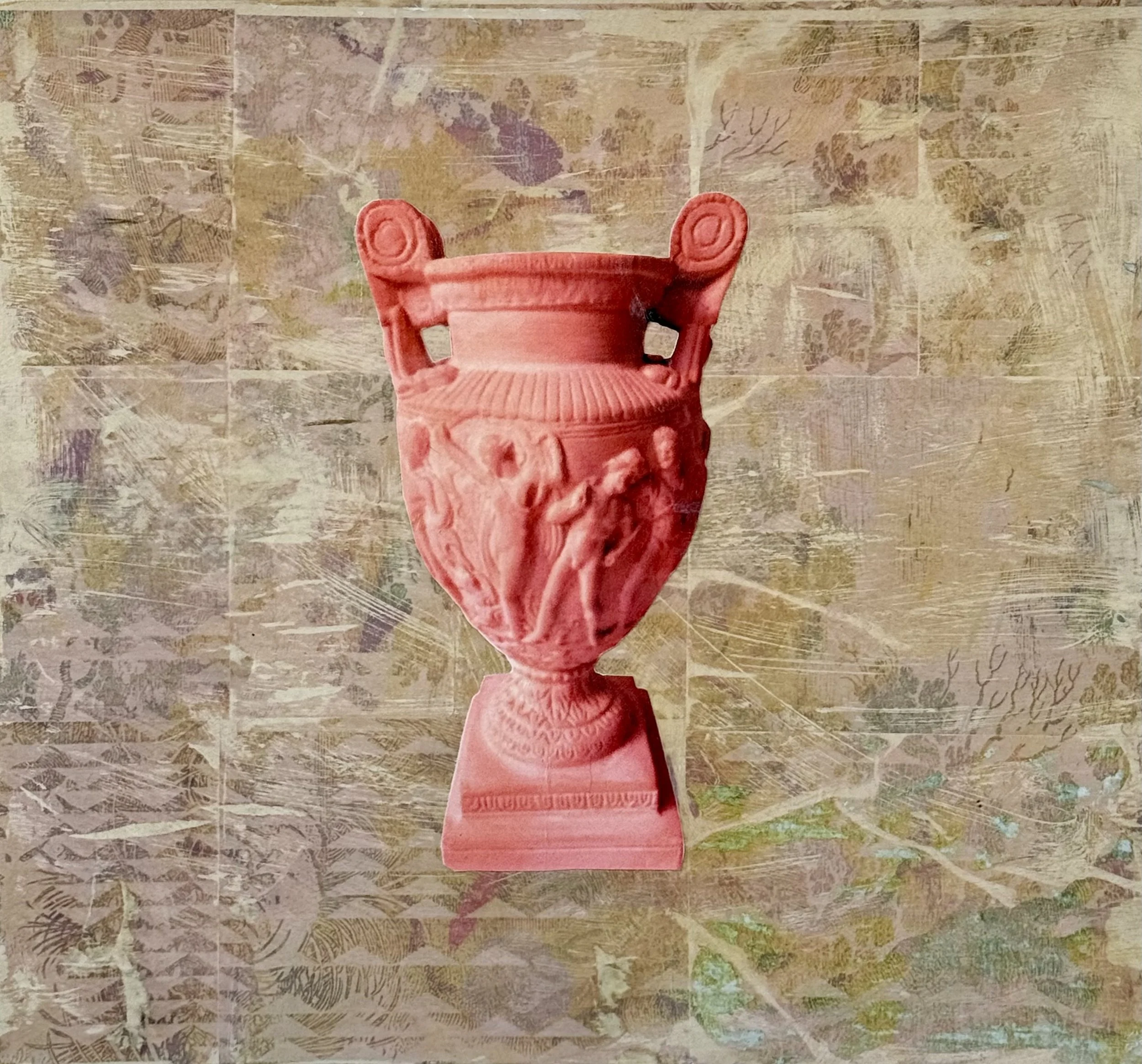 i found truth in a small vessel, 24x26, ink transfer and paper assemblage on wood panel, 24x26, 2026