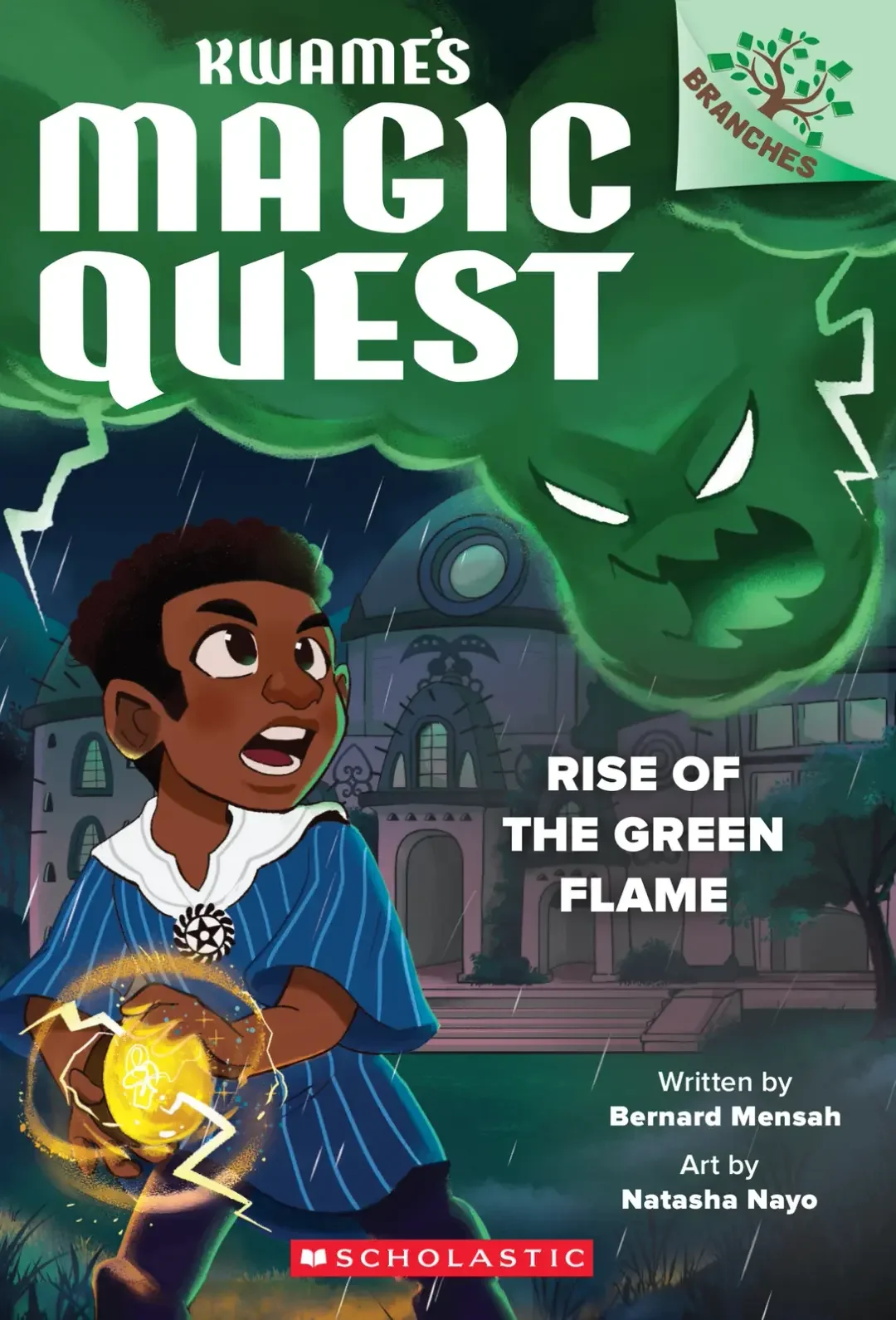 Cover of a book titled "Kwame's Magic Quest: Rise of the Green Flame" featuring a young boy holding a glowing, yellow, magical object with lightning effects, standing outside with a dark, stormy sky and a large, menacing green cloud with an angry face in the background.