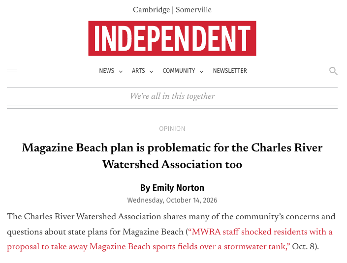 Letter to the Editor: Magazine Beach plan is problematic for the Charles River Watershed Association too. (Cambridge Somerville Independent) 