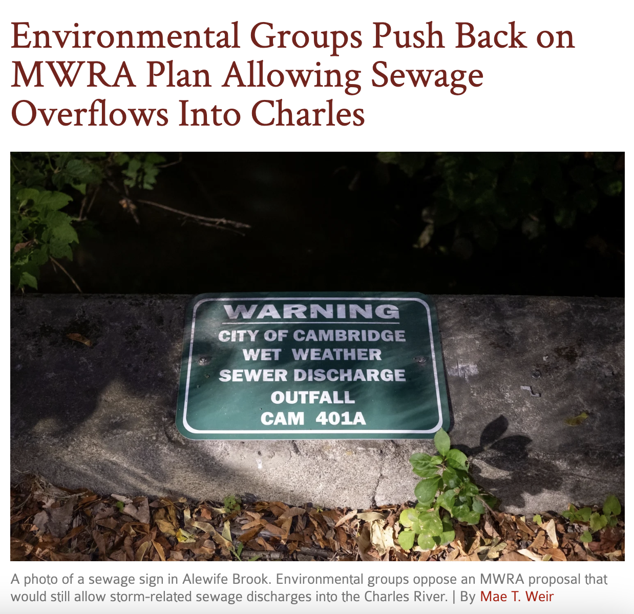 CRWA In The News: ‘Environmental Groups Push Back on MWRA Plan Allowing Sewage Overflows Into Charles’