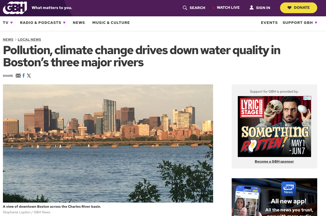 CRWA In The News: Pollution, Climate Change Drives Down Water Quality In Boston’s Three Major Rivers (WGBH)