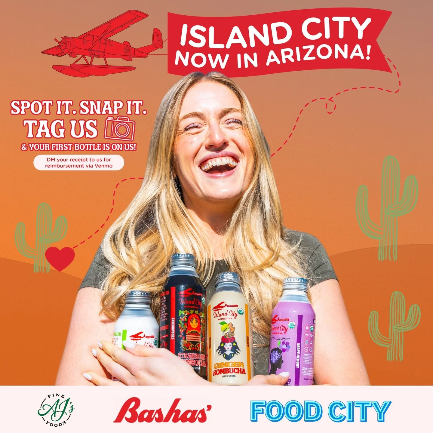 🌵✨ ARIZONA, WE&rsquo;RE HERE! ✨🌵
Island City Kombucha is now at @bashasmarkets @ajsfinefoods and @foodcityaz &mdash; time to find your flavor AND get free booch !!

 🫧 Your first bottle on us (first 50 shoppers)
🛒 5 winners score $25 Bashas&rsquo
