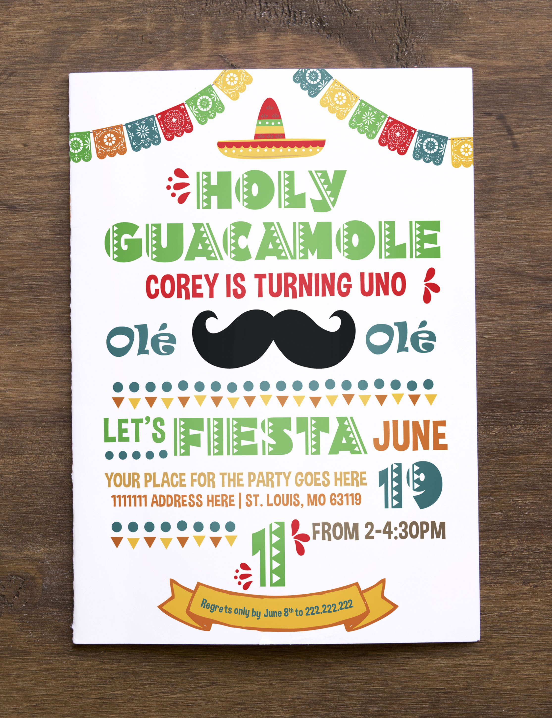 Fiesta-themed invitation for a child's first birthday with colorful Mexican decorations, a sombrero, a mustache graphic, and text details for the party location and RSVP information.