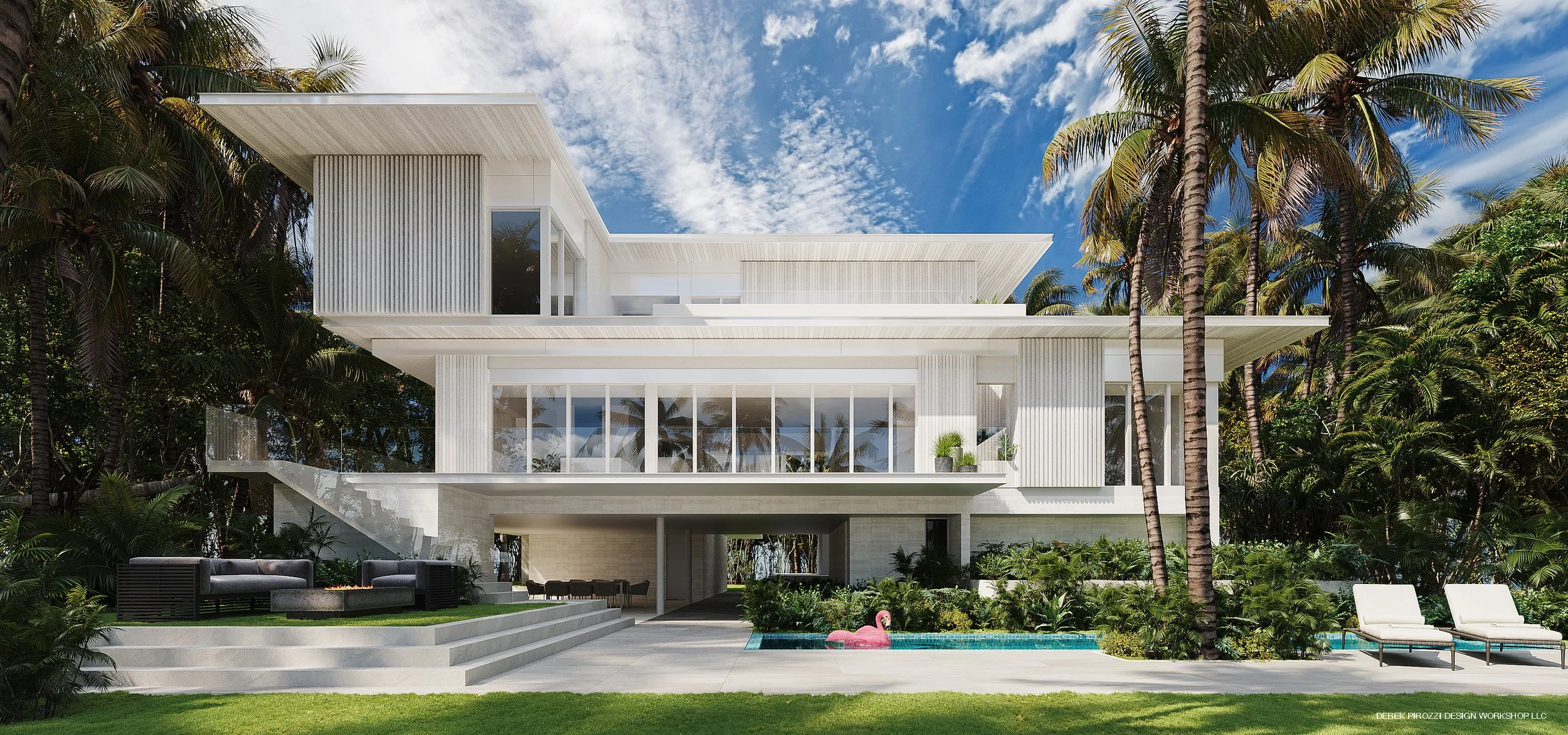 Front view of 500 Harbor Cove Residence, featuring contemporary architecture and a pool, designed by PS Design Workshop in Longboat Key, Florida
