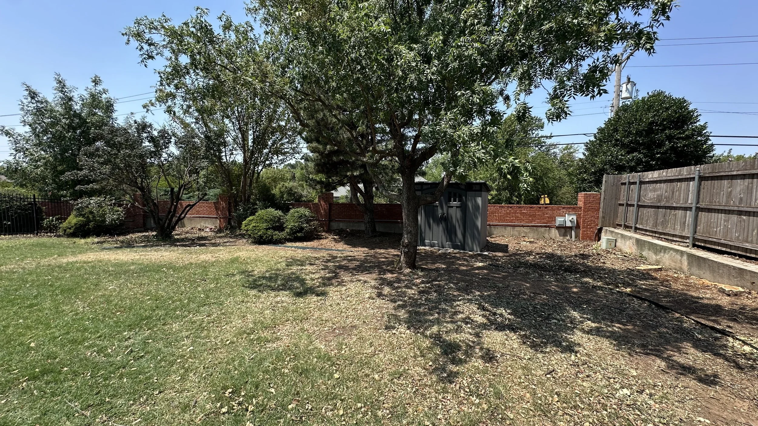 A backyard with green grass, trees, a brick wall, a gray shed, and a wooden fence under a clear blue sky.