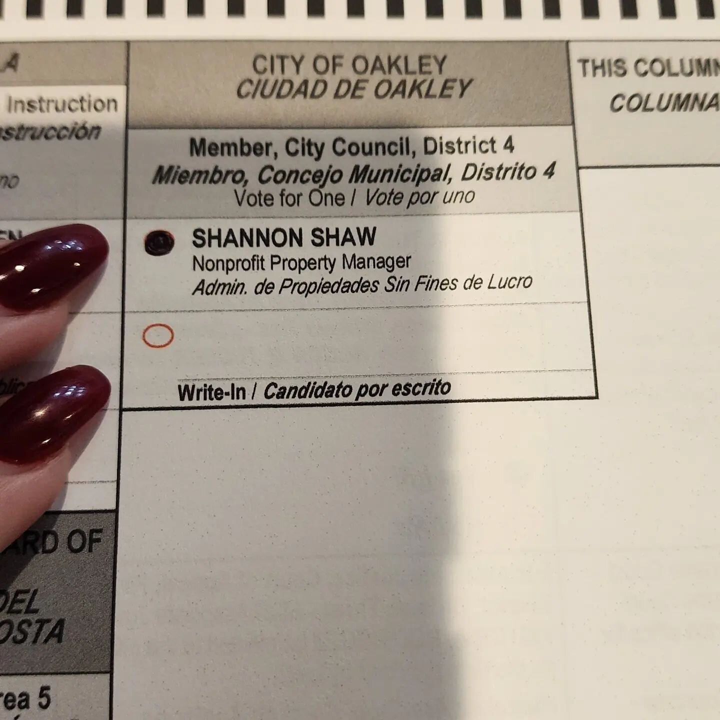 Election countdown: 6 days to go.

Officially cast my vote tonight! I thought long and hard and after looking at all of the options on the ballot..it was a clear choice!! SHANNON SHAW FOR OAKLEY CITY COUNCIL DISTRICT 4

#shaw4oakleycitycouncil #oakle