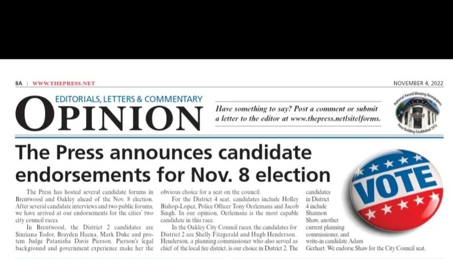 Election Countdown: 4 days to go!!

Thank you to @thepress_net for the endorsement. It was a nice suprise and much appreciated. 

Remember to get out and vote! Encourage your neighbors and friends to vote as well. 

#shaw4oakleycitycouncil #oakleycit