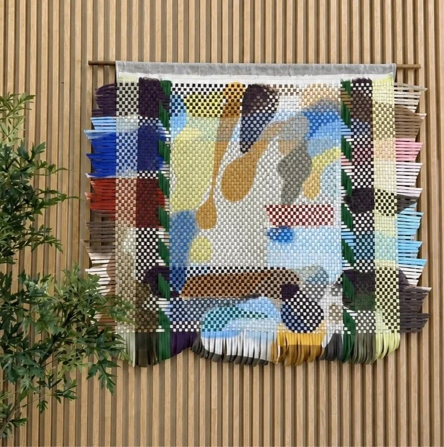 Colorful woven textile art hanging on a wooden wall with a plant on the side.