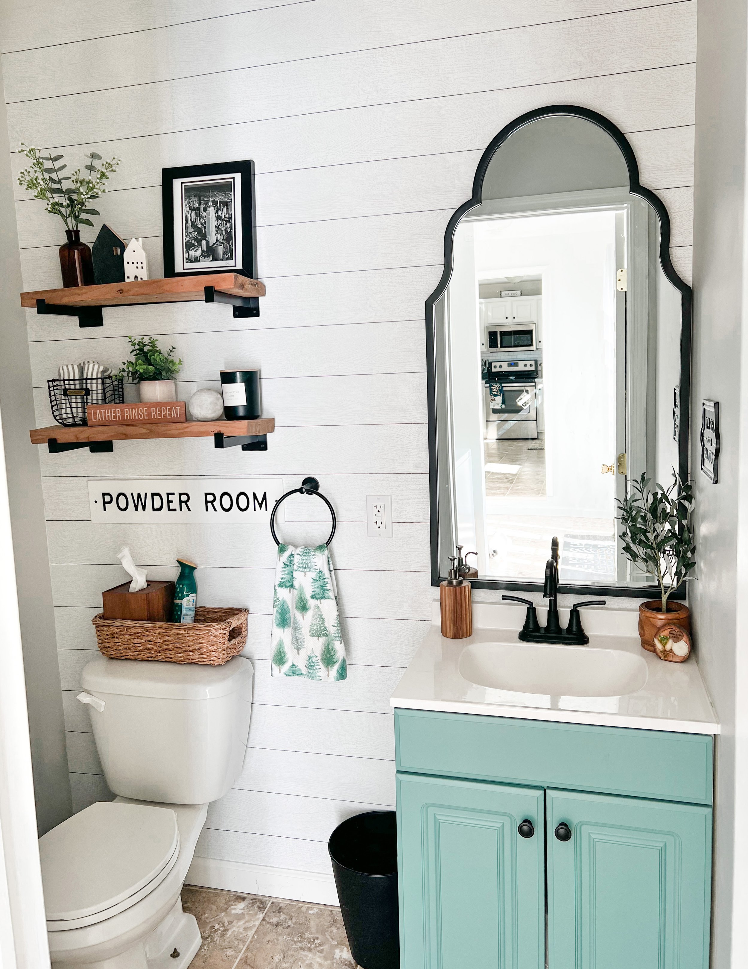 cheap shiplap alternative wallpaper in bathroom