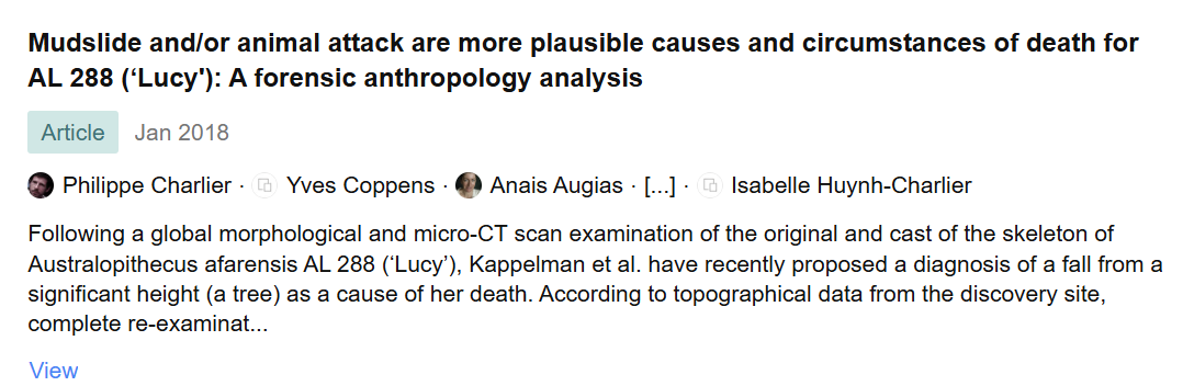 Screenshot of a scientific article titled "Mudslide and/or animal attack are more plausible causes and circumstances of death for AL 288 ('Lucy'): A forensic anthropology analysis," published in January 2018 with authors Philippe Charlier, Yves Coppens, Anais Augias, and Isabelle Huynh-Charlier. The excerpt mentions a detailed examination of the skeleton of Australopithecus afarensis AL 288 ('Lucy') and discusses the investigation into her cause of death.