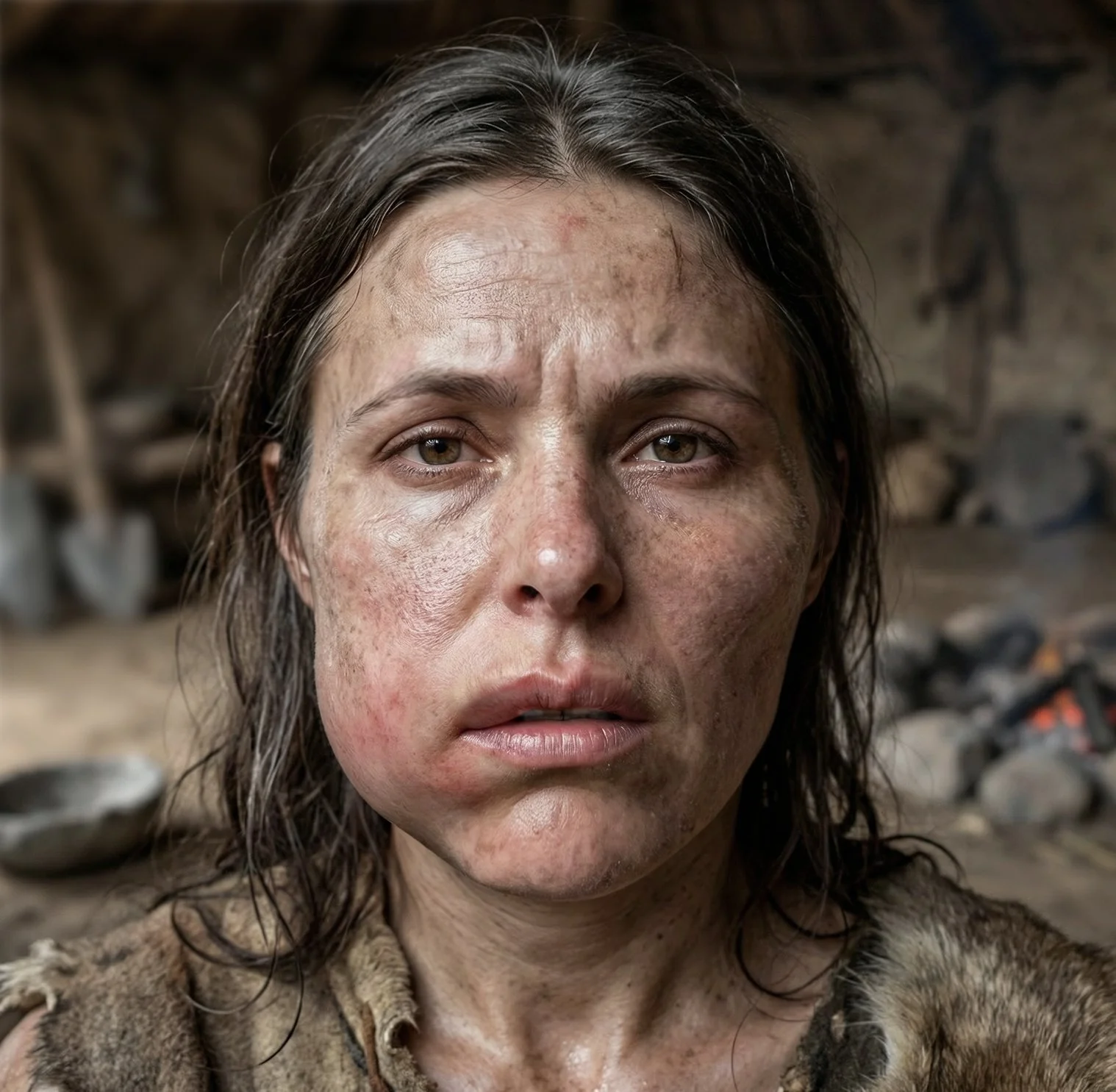 Close-up of a woman with disheveled hair, dirt, and scratches on her face, in a rustic, primitive setting.