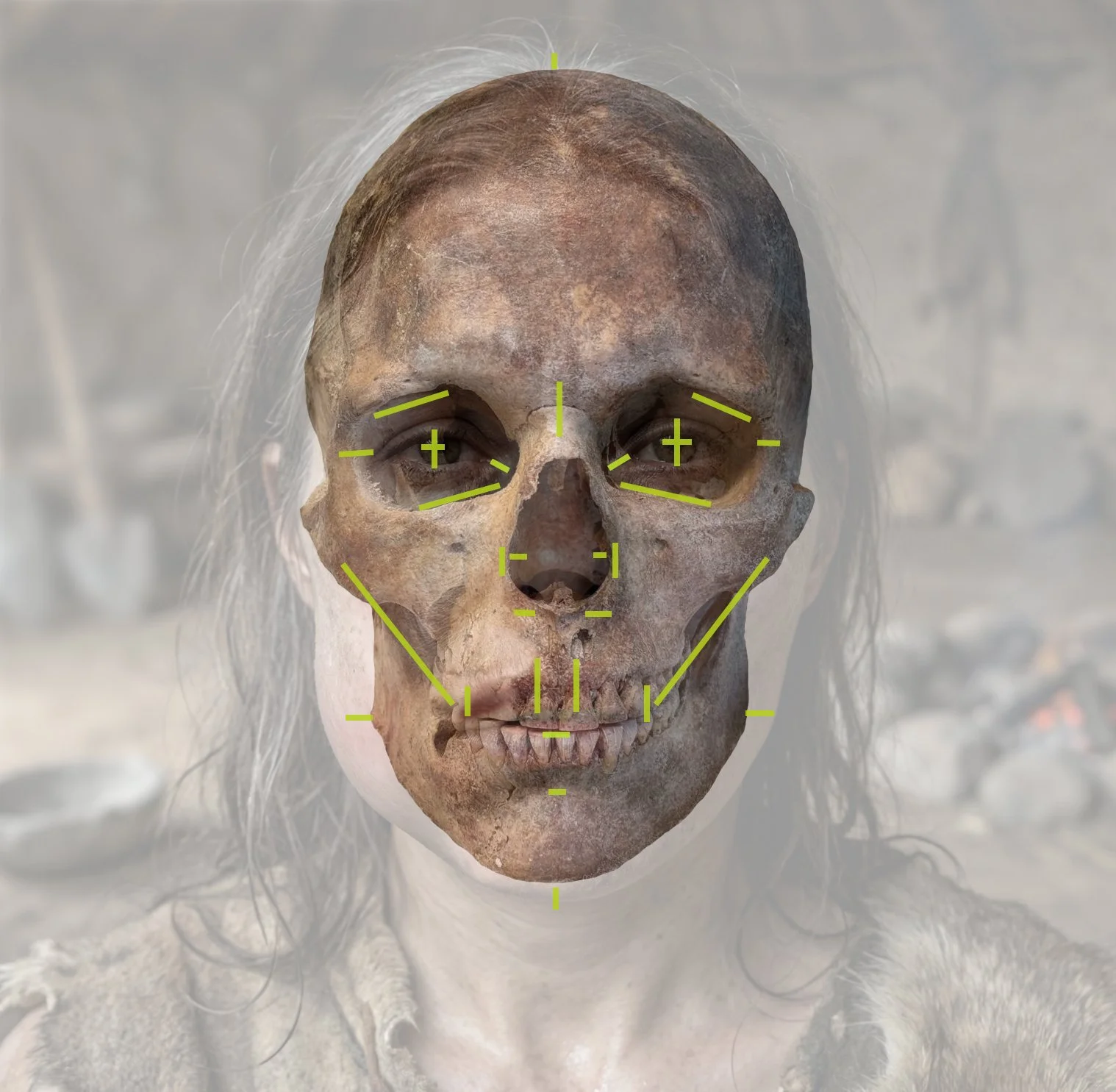 A human skull with a woman's face and hair overlaid, with yellow measurement and alignment lines indicating facial features.