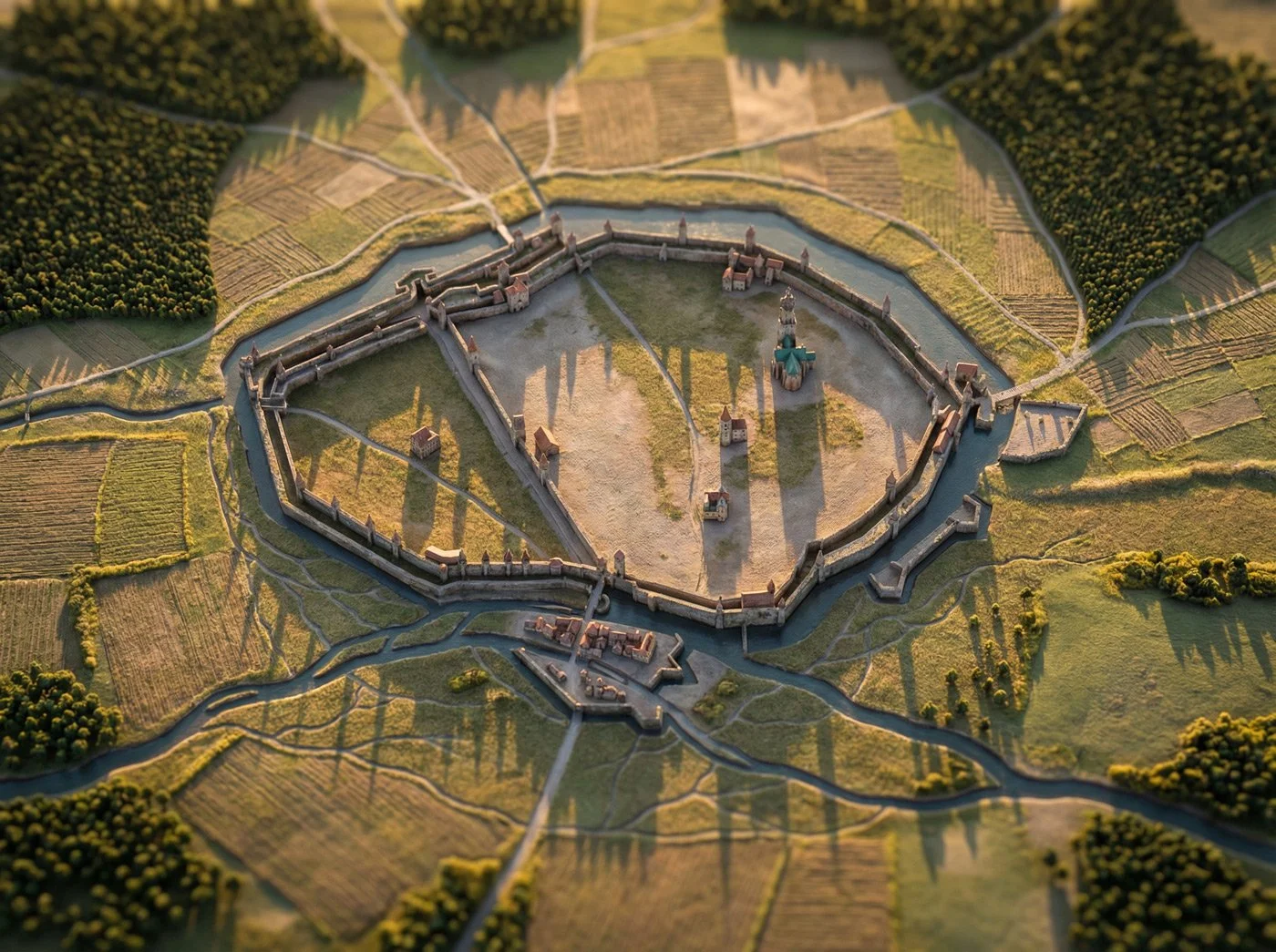 A detailed model of a medieval fortress with walls, a moat, and buildings, surrounded by fields and forests.