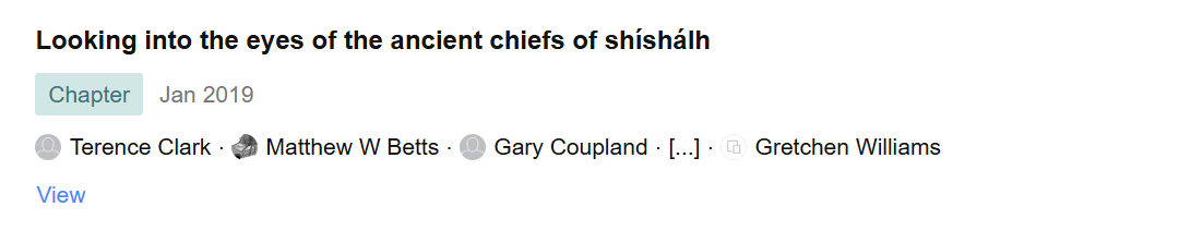 Screenshot of a book chapter titled "Looking into the eyes of the ancient chiefs of shíshah." The chapter was published in January 2019 and is authored by Terence Clark, Matthew W Betts, Gary Coupland, and Gretchen Williams. There is a "View" link at the bottom.