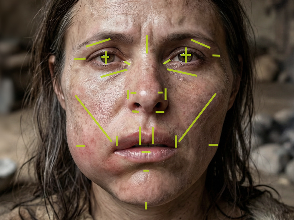 Close-up of a forensic facial reconstruction of a woman's face with visible skin imperfections, dirt, and scratches, marked with green lines indicating specific facial points.