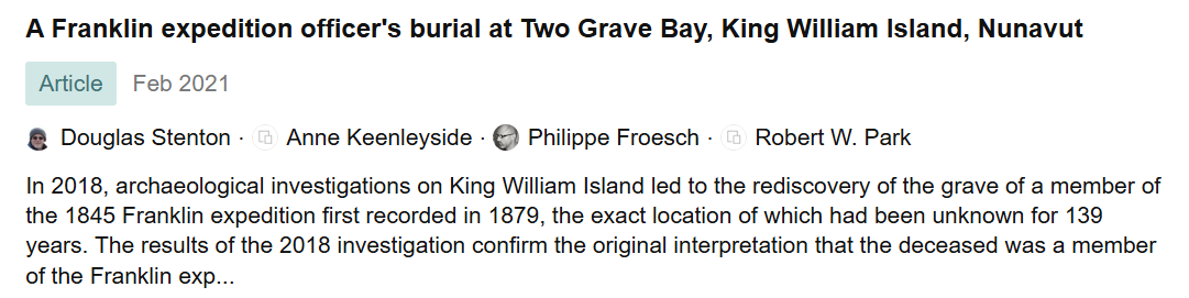 Screenshot of a news article about the burial of a Franklin expedition officer at Two Grave Bay, King William Island, Nunavut, dated February 2021. The article mentions archaeological investigations from 2018 that confirmed the identity of the person buried there.