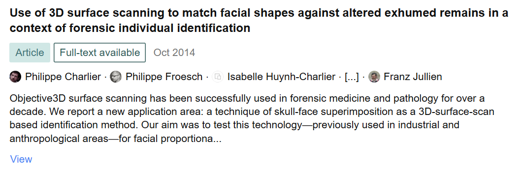 Screenshot of a scientific article titled "Use of 3D surface scanning to match facial shapes against altered exhumed remains in a forensic context," published in October 2014. The article lists authors Philippe Charlier, Philippe Froesch, Isabelle Huynh-Charlier, and Franz Jullien, and includes a brief summary about the application of 3D surface scanning in forensic medicine and pathology.