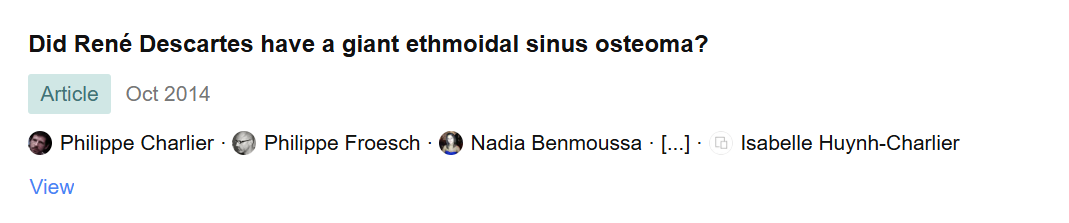 Screenshot of a research article titled "Did René Descartes have a giant ethmoidal sinus osteoma?" with publication date October 2014 and authors Philippe Charlier, Philippe Froesch, Nadia Benmoussa, and Isabelle Huynh-Charlier.