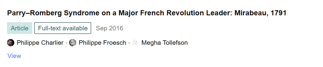 Screenshot of a scholarly article titled "Parry–Romberg Syndrome on a Major French Revolution Leader: Mirabeau, 1791" with authors Philippe Charlier, Philippe Froesch, and Megha Tollefson, published in September 2016.