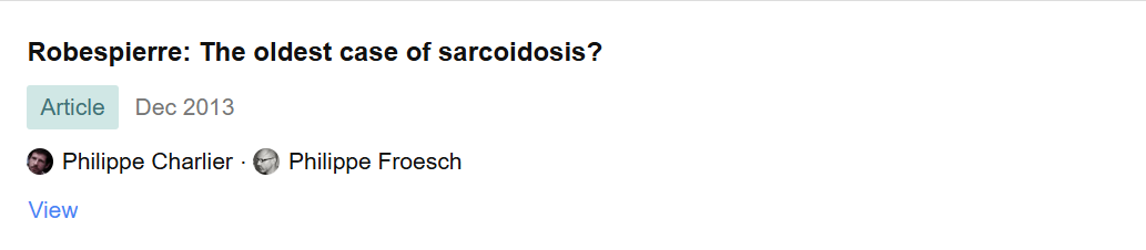 Screenshot of a scientific article titled 'Robespierre: The oldest case of sarcoidosis?' by Philippe Charlier and Philippe Froesch, published in December 2013.