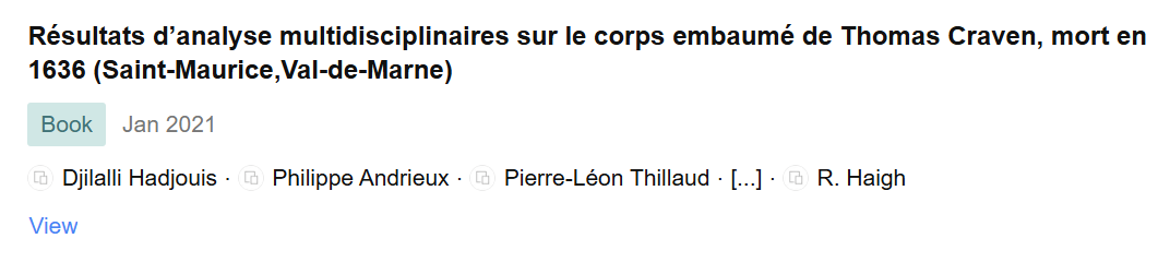 Screenshot of a book titled in French about the analysis of Thomas Craven's body found in 1636 in Saint-Maurice, Val-de-Marne, edited by multiple authors, published in January 2021.