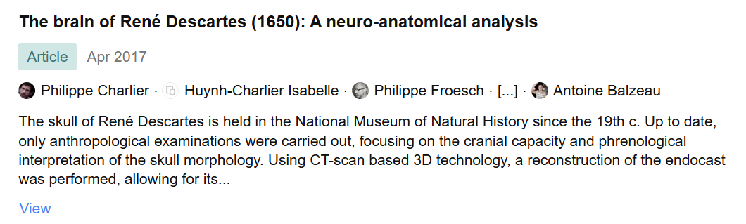 Screenshot of a scholarly article titled 'The brain of René Descartes (1650): A neuro-anatomical analysis' with authors Philippe Charlier, Huynh-Charlier Isabelle, Philippe Froesch, and Antoine Balzeau, describing the use of CT-scan technology to reconstruct Descartes' skull for analysis.