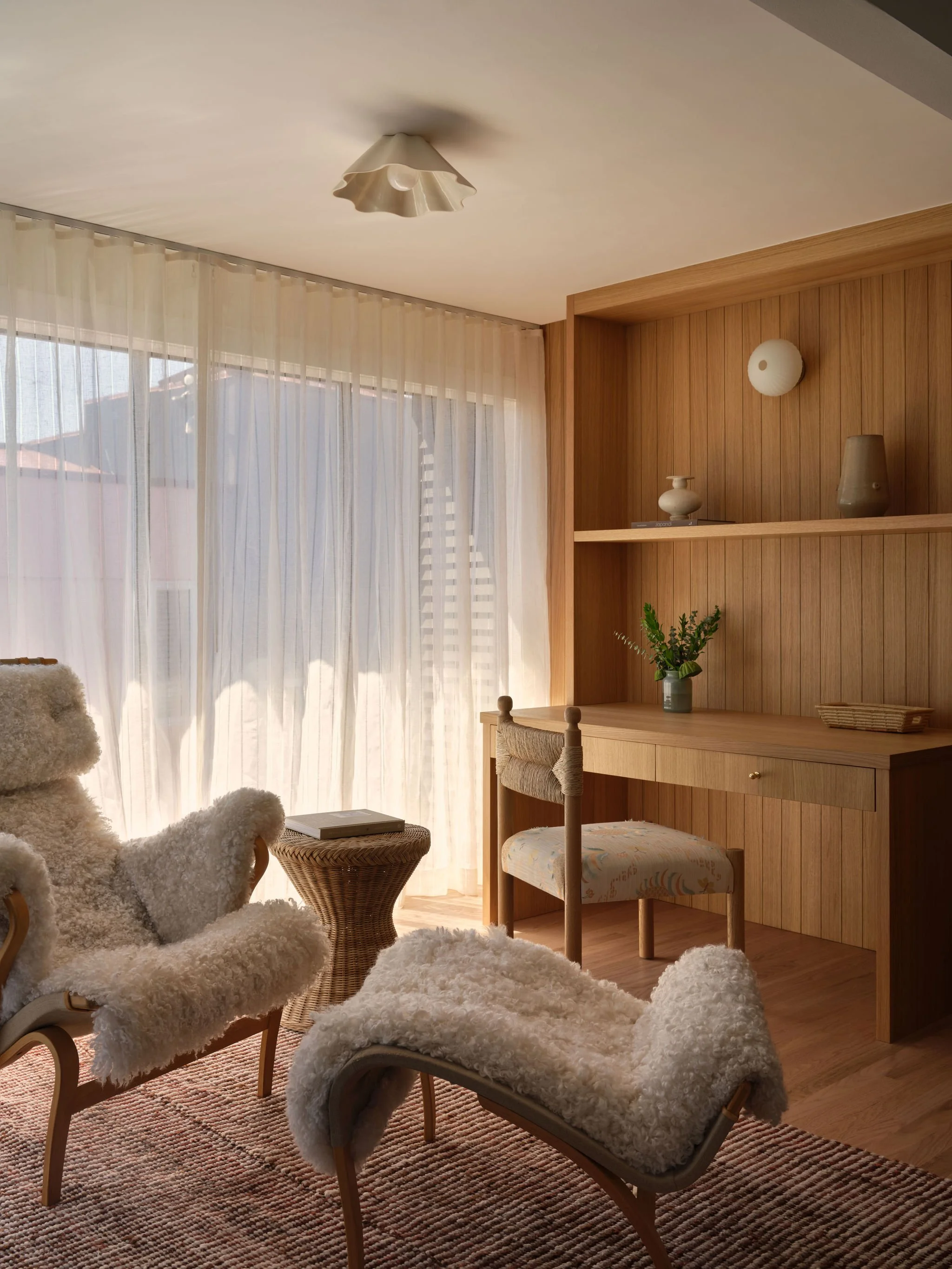 Seattle Interior Designer House Boat Primary Bedroom Lounge + Desk