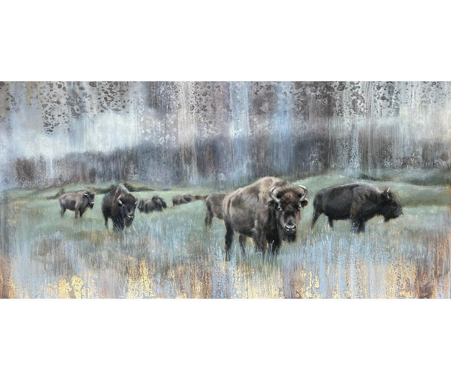 &ldquo;In the Mist&rdquo;, 30&rdquo;x60&rdquo;, mixed media. #bison #bisonherd #contemporarywildlifepainting #mistymorning