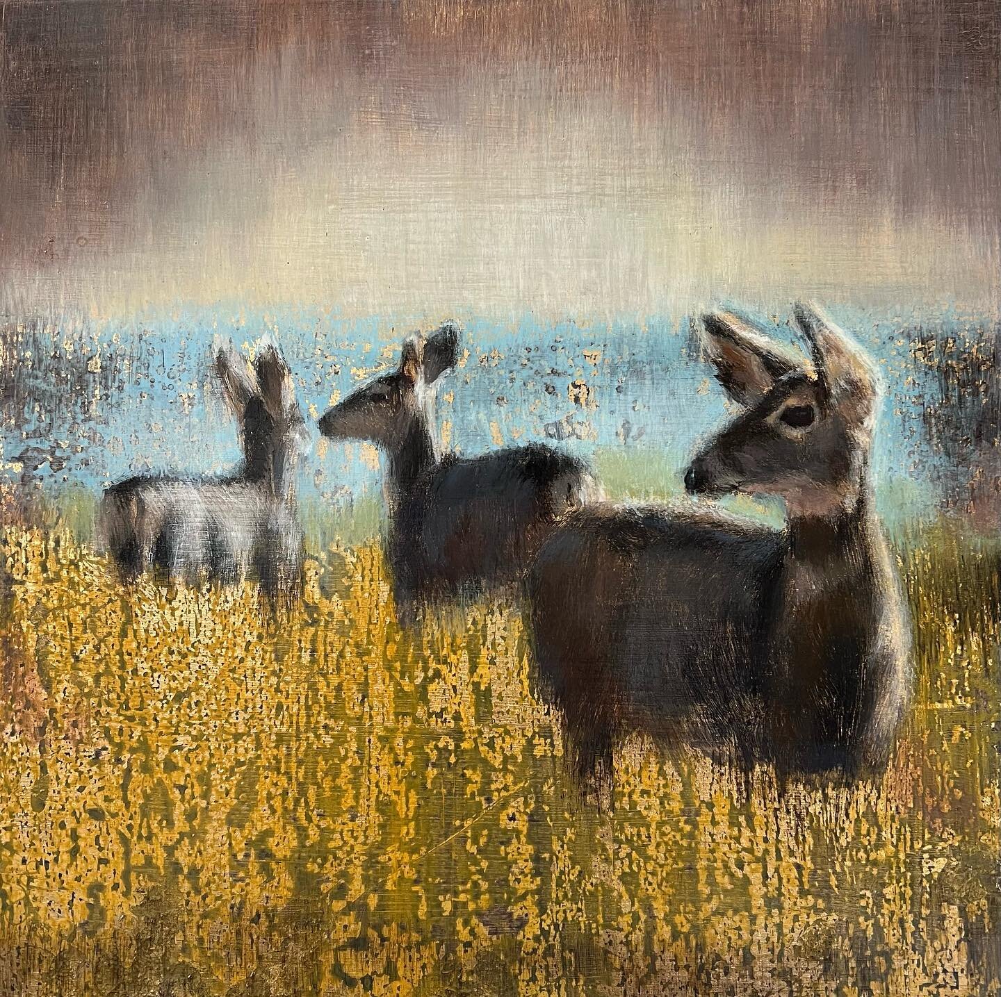 &ldquo;Distant Waters&rdquo;, 16&rdquo;x16&rdquo;, I skipped the resin finish on this piece in favor of a gloss varnish. I&rsquo;m thinking I like it on this piece. Acrylic and gold leaf on panel. #deer #deerpainting #contemporarywildlifepainting #co