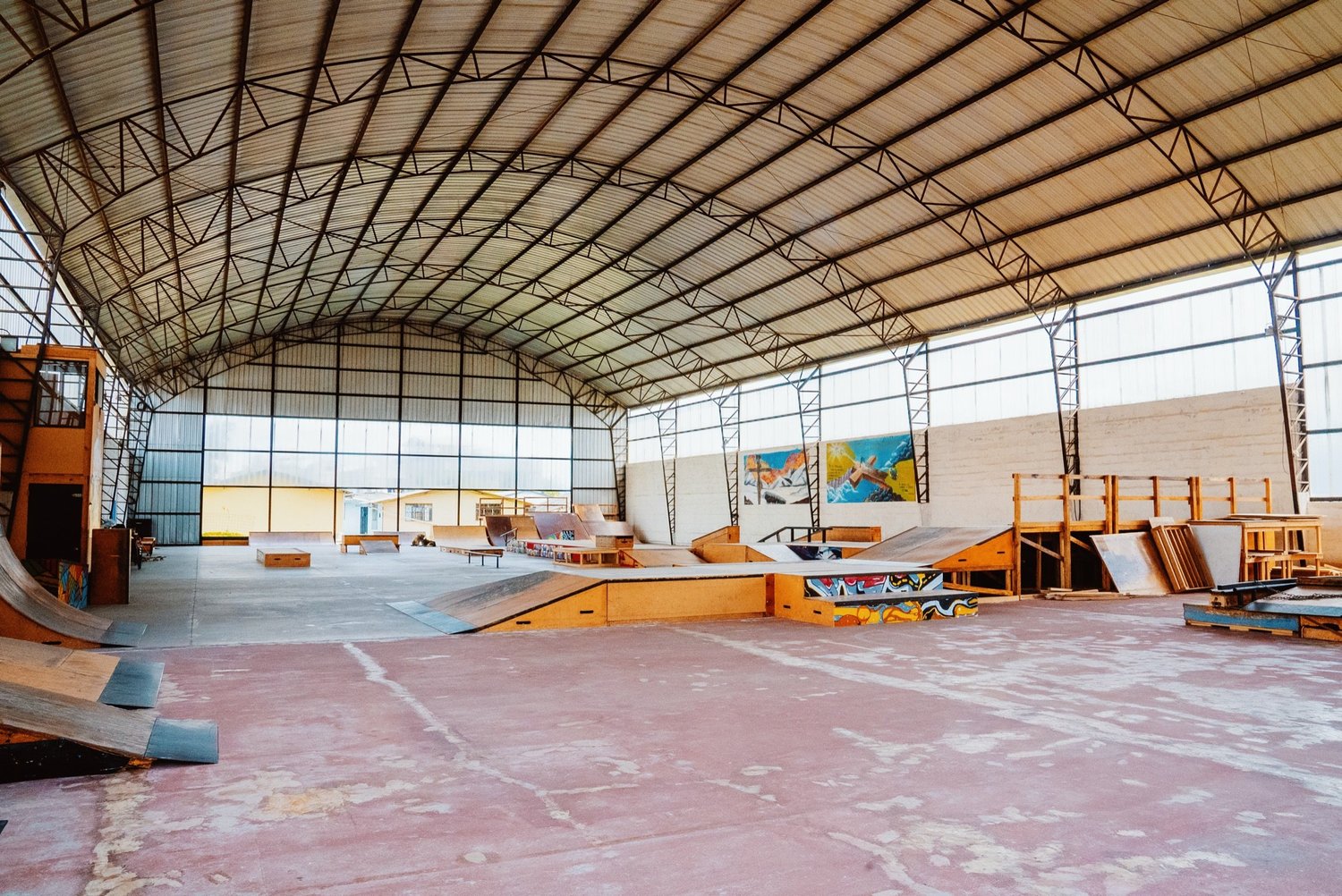 The covered La Roca skate park, seen from inside.