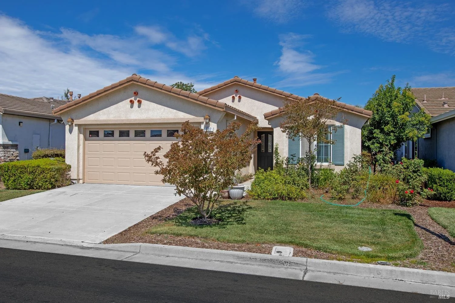 Front view of a single-story house with a beige garage door, a black front door, a landscaped front yard with small trees, bushes, and grass, and a bright blue sky with scattered clouds.