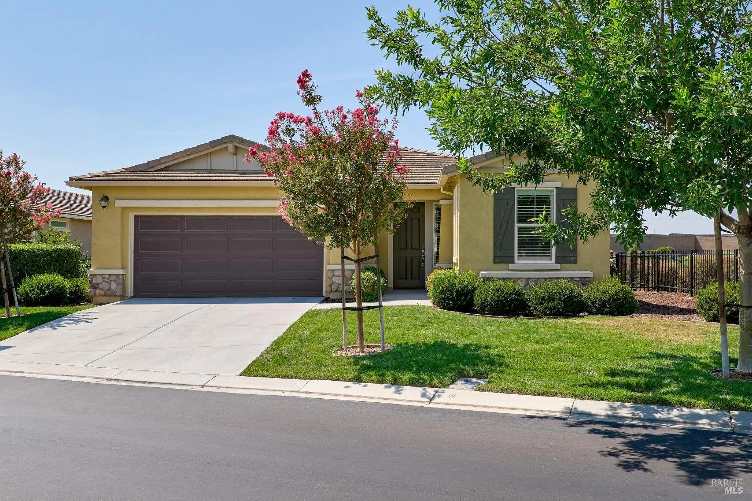A single-story yellow house with a brown garage door and black front door, surrounded by a lawn and trimmed bushes, with a young tree in front and mature trees on the sides, under a clear blue sky.