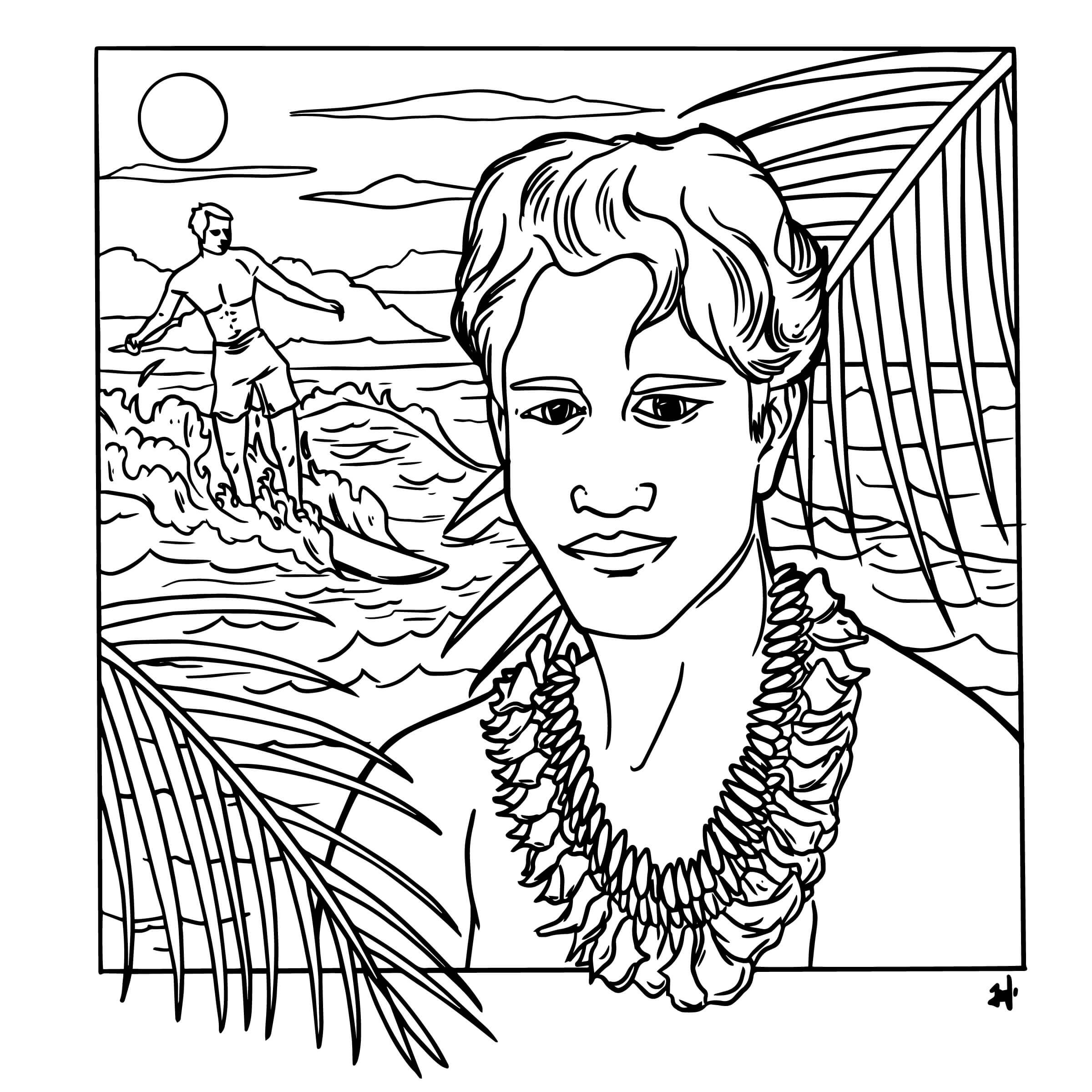  Black and white drawing of Duke Kahanamoku 