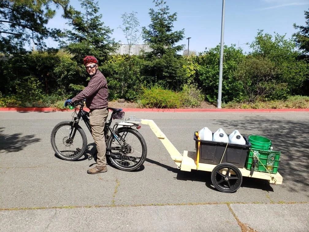 I built a cargo trailer for my ebike and here I am hauling water containers to Casa Grande HS where I load up on recycled water to water plants in the parking lots during the drought. Trailer can also be used for tools and cargo up to 100 lbs. For ma