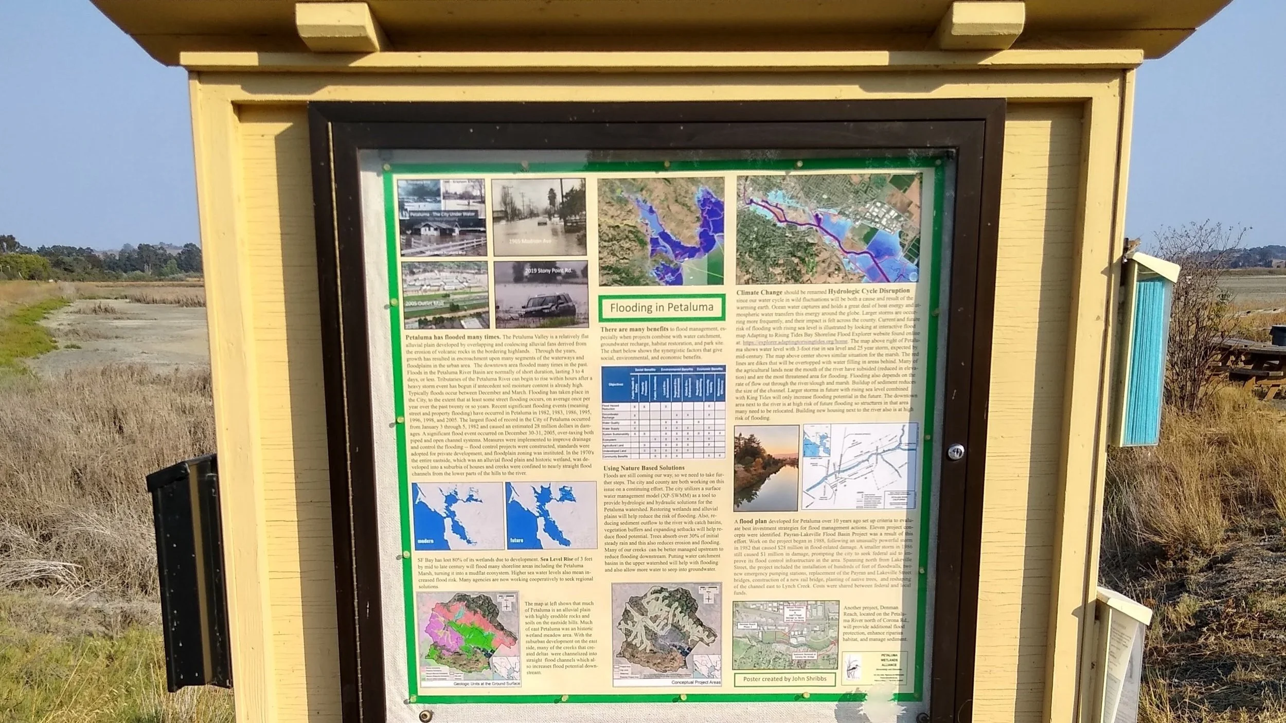 This is the kiosk at entrance of Shollenberger Park with poster I created on flooding in Petaluma. Boxes on sides have QR codes and brochures. 