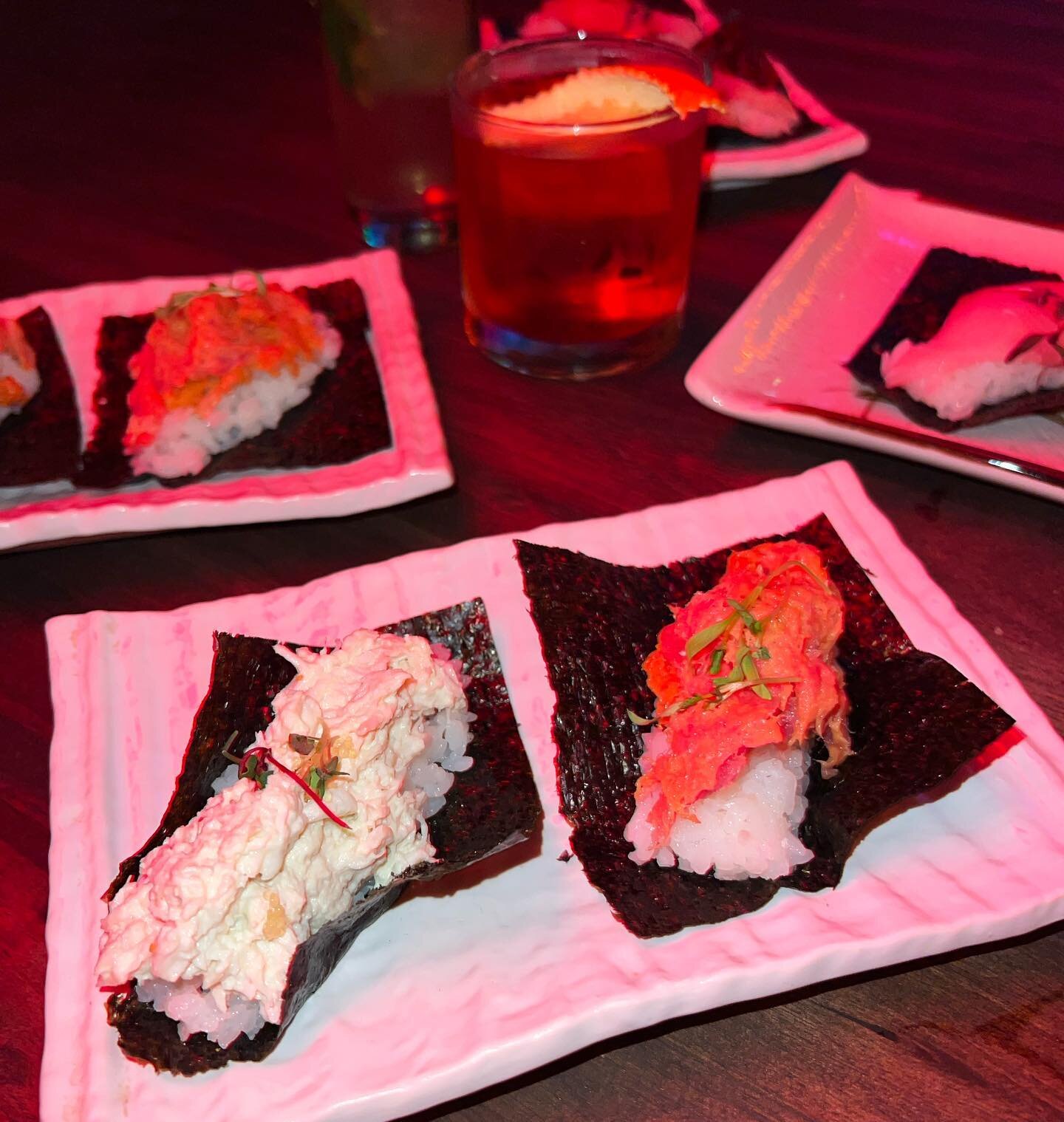 Which HANDROLL is your favorite? We love them all! 🐟 

Full hours below or check us out on the web. Visit our sibling Tiki bar downstairs - The Lost Inferno (@TheLostInfernoOC)!
&bull;
We are currently open Wednesdays to Sundays from 5PM to 11PM/mid
