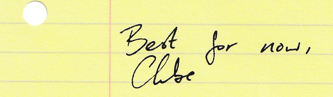 Handwriting on yellow paper reads: Best for now, Chloe