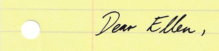 Handwriting on yellow paper reads: Dear Ellen