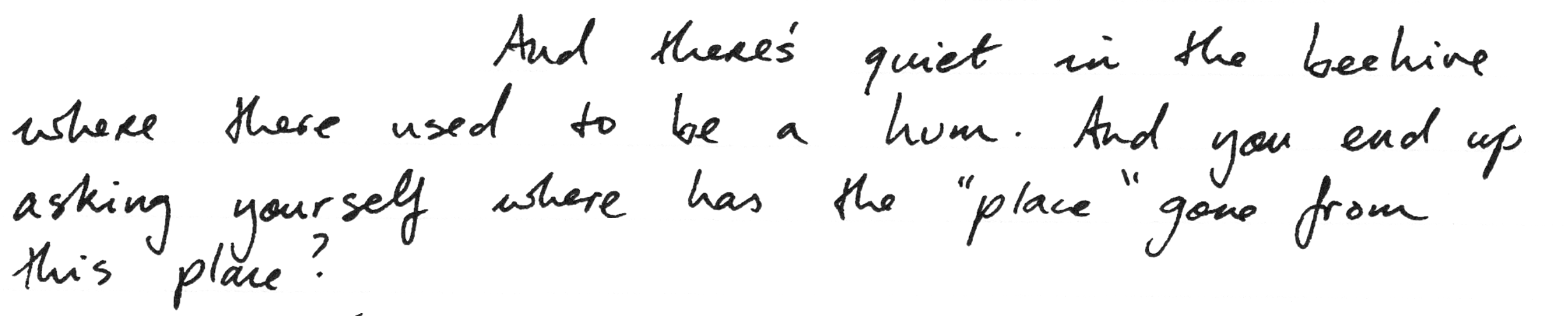 Handwritten text reads: and there's quiet in the beehive where there used to be a hum. And you end up asking yourself where has the "place" gone from this place?